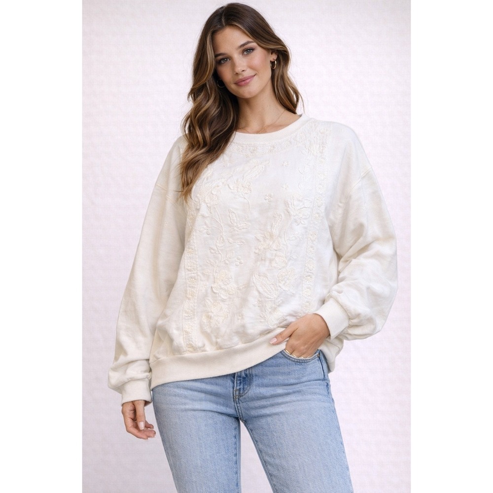 Sundance Cream Embroidered Floral Sweatshirt Pullover Women's XL
